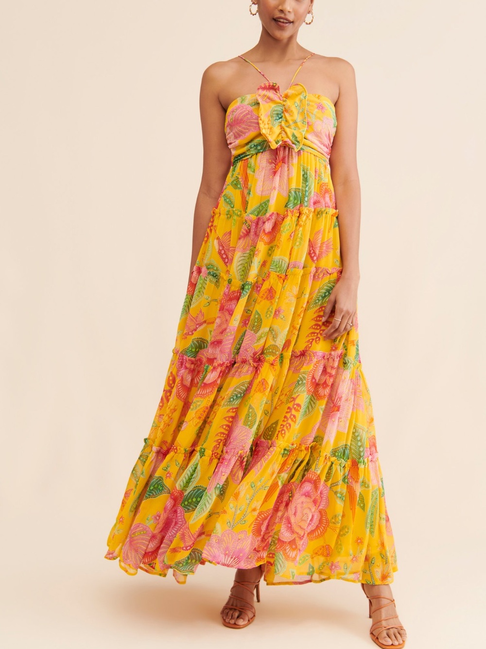 Farm Rio Macaw Bloom Embellished Tiered Maxi Dress | Tropical Print | L/XL
